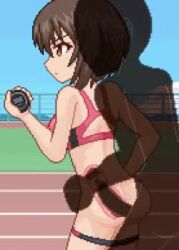  1boy 1girl animated ass blush bouncing_breasts breasts brown_eyes brown_hair buruma buruma_pull closed_mouth cum cum_in_pussy girls_und_panzer hetero hudero large_breasts nishizumi_maho outdoors penis pixel_art rape sex sex_from_behind short_hair sky solo_focus sports_bra standing time_stop vaginal video x-ray 