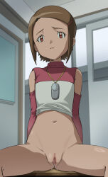  1girl bad_tag belly brown_hair camera censored classroom digimon digimon_adventure_02 door feet_out_of_frame female_focus flat_chest indoors indors loli looking_at_viewer navel on_table pussy pussy_juice red_eyes sad short_hair sitting spread_legs sweatdrop table wall 