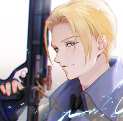 1boy black_gloves black_shirt blonde_hair blue_eyes blurry blurry_background closed_mouth coat collared_shirt commentary final_fantasy final_fantasy_vii final_fantasy_vii_rebirth final_fantasy_vii_remake fingerless_gloves gloves grey_coat gun handgun holding holding_gun holding_weapon looking_at_viewer male_focus parted_bangs peach_luo rufus_shinra shirt short_hair smile solo upper_body weapon 