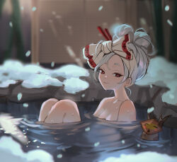  1girl animal bath bathing blurry blurry_background bow breasts closed_mouth collarbone commentary completely_nude hair_bow hair_ornament hair_stick looking_at_viewer medium_breasts nintendo nude onsen oto1_030 outdoors partially_submerged purah red_eyes rock short_hair sidelocks smile snow snowing solo steam the_legend_of_zelda the_legend_of_zelda:_tears_of_the_kingdom towel water wet white_hair  rating:Sensitive score:53 user:danbooru