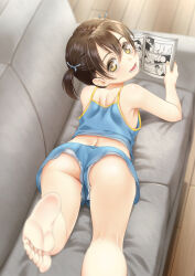  1girl artist_request ass barefoot brown_hair couch feet loli looking_back manga_(object) on_couch open_mouth original pajamas panties reading shorts smile soles thighs toes underwear 