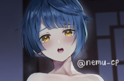  1boy androgynous asymmetrical_hair bare_shoulders blurry blurry_background blush breath collarbone commentary_request depth_of_field eyelashes genshin_impact indoors looking_at_viewer male_focus nemunemu_(candy_paddle) open_mouth parted_bangs portrait saliva shadow short_hair solo torogao twitter_username xingqiu_(genshin_impact) yellow_eyes 