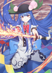  1girl absurdres beckody black_hat blue_hair bow bowtie closed_mouth commentary fire food fruit hat highres hinanawi_tenshi holding holding_sword holding_weapon leaf leaf_hat_ornament light_blush long_hair looking_at_viewer peach peach_hat_ornament rainbow_order red_bow red_bowtie red_eyes shirt short_sleeves smile solo sword sword_of_hisou touhou unsheathed very_long_hair weapon white_shirt 