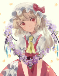  1girl ascot blonde_hair cowboy_shot crystal_wings dress flower_wreath hat hat_ribbon highres looking_at_viewer mob_cap poteimo_(poteimo622) puffy_short_sleeves puffy_sleeves red_dress red_eyes red_ribbon ribbon short_sleeves side_ponytail simple_background smile solo touhou white_background yellow_ascot 