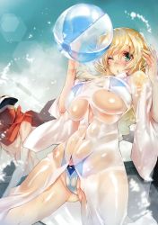  1boy 1girl absurdres ball beachball bikini blonde_hair blue_eyes blush breasts cameltoe groin hat highres impossible_clothes kyoukaisenjou_no_horizon large_breasts long_hair looking_at_viewer mary_stuart navel one_eye_closed satoyasu scar scarf see-through swimsuit tenzou_crossunite underboob wet wet_clothes 