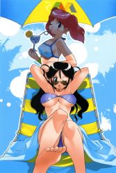 2girls age_difference armpits bandeau barefoot bikini black_hair breasts chair cherry cleavage feet food foreshortening fruit hinata_aki hinata_natsumi keroro_gunsou large_breasts long_hair lounge_chair mature_female mother_and_daughter mouth_hold multiple_girls one_eye_closed red_hair soles sunglasses swimsuit toes twintails underboob wink yoshizaki_mine rating:Sensitive score:44 user:danbooru