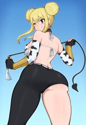  1girl absurdres afrobull animal_print ass asymmetrical_clothes asymmetrical_legwear back black_gloves black_pants blonde_hair blue_background brown_eyes cow_print double_bun eyelashes fairy_tail fingerless_gloves gloves hair_between_eyes hair_bun highres holding holding_whip looking_back lucy_heartfilia one_eye_closed pants short_hair_with_long_locks single_pantsleg skindentation smile solo sweat tight_clothes tight_pants whip wink  rating:Sensitive score:196 user:Ahegao_lmao