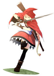  1girl black_thighhighs blonde_hair boots braid cape dress fingerless_gloves gloves green_eyes gun hood little_red_riding_hood little_red_riding_hood_(grimm) n_i_n_o red_cape rifle running solo sword thighhighs weapon  rating:Sensitive score:18 user:danbooru