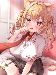  1girl ahoge animal_ear_fluff animal_ears bed_sheet black_skirt blurry blurry_background breast_pocket breasts cat_day cat_ears cat_girl cat_tail collarbone collared_shirt commentary_request fang hair_between_eyes hair_intakes hair_ribbon heterochromia highres hoshikawa_sara hoshikawa_sara_(4th_costume) kemonomimi_mode large_breasts looking_at_viewer meme_(mm_ta_mm) necktie nijisanji official_alternate_costume official_alternate_hairstyle on_bed open_mouth pet_play pink_eyes plaid plaid_skirt pleated_skirt pocket red_necktie red_ribbon ribbon shirt sitting skin_fang skirt solo tail twintails undone_necktie virtual_youtuber white_shirt yellow_eyes 