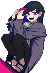  1girl absurdres barefoot black_hair black_nails black_pants blue_eyes blue_hair box character_request collarbone commentary_request earrings fangs feet from_below gold_earrings grey_shirt highres holding holding_box jewelry kanke_(kank06020602) long_hair looking_at_viewer multicolored_hair off_shoulder open_mouth original pale_skin pants red_eyes shirt smile solo squatting strappy_heels tiptoes toenails tongue two-tone_eyes two-tone_hair wrinkled_skin 
