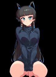  1girl black_background black_hair blue_eyes blunt_bangs blush breasts earrings hime_cut jewelry kagaminomachi_no_kaguya kusanagi_tonbo large_breasts long_hair looking_at_viewer ribbed_sweater simple_background solo sweater 
