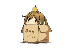  10s 1girl :&lt; absurdres ahoge animal animal_on_head bird blush box brown_hair cardboard_box chick chick_on_head fairy_(kancolle) hair_between_eyes hatsuzuki_527 highres hiyoko_(kancolle) in_box in_container kantai_collection on_head ponytail rashinban_musume signature simple_background solid_oval_eyes solo translated twitter_username white_background 