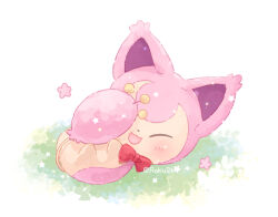  :3 :d animal_focus blush bow cat closed_eyes creatures_(company) dot_nose flower fluffy game_freak gen_3_pokemon grass lying nintendo no_humans on_back on_grass open_mouth pink_flower pink_fur pokemon red_bow roku21 skitty smile star_(symbol) tail two-tone_fur watermark yellow_fur 