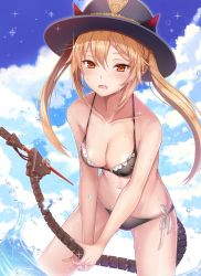  1girl bikini bikini_top_only blue_sky blush breasts cleavage cloud collarbone cowboy_shot demon_horns fangs frilled_bikini frilled_bikini_top frills girls&#039;_frontline half-closed_eyes hat heifetz highres holding_tail horns leaning_forward light_particles m870_(girls&#039;_frontline) mechanical_tail medium_breasts open_mouth outdoors partially_submerged shiny_skin side-tie_bikini_bottom sidelocks sky solo sparkle splashing swimsuit tail thighs twintails  rating:Questionable score:9 user:caiomorino