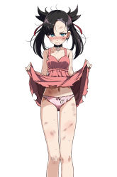  1girl aqua_eyes asymmetrical_bangs black_choker black_hair bow bow_panties breasts bruise choker cleavage clothes_lift collarbone commentary_request creatures_(company) dress dress_lift game_freak hair_ribbon injury legs lifting_own_clothes looking_at_viewer marnie_(pokemon) medium_breasts nail_polish navel nintendo panties pink_dress pink_panties pokemon pokemon_swsh red_bow red_ribbon ribbon short_hair simple_background sleeveless sleeveless_dress solo standing sweat tears torn_clothes torn_dress torn_panties tsukishiro_saika twintails undercut underwear white_background  rating:Sensitive score:96 user:danbooru