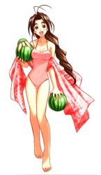 1girl akamatsu_ken barefoot blush breasts brown_hair food fruit holding holding_food holding_fruit jpeg_artifacts large_breasts legs long_hair looking_at_viewer love_hina one-piece_swimsuit open_mouth otohime_mutsumi simple_background smile solo standing swimsuit tama-chan tama_(love_hina) turtle watermelon white_background rating:Sensitive score:18 user:danbooru
