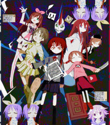 6+girls abstract_background beret black_headwear blue_eyes boots bow braid brown_eyes brown_hair character_request check_character clone closed_eyes collage commentary_request crossover d-pad d-pad_hair_ornament dennou_coil detached_sleeves digimon digimon_(creature) disembodied_head door expressionless film_grain floating_hair flute glaring glasses green_eyes grey_jacket hair_bow hair_ornament hand_in_pocket hat hatoba_tsugu highres hiiragi_tsukasa holding holding_flute holding_instrument holding_knife holding_flute infermon instrument iwakura_lain jacket kizuna_ai kizuna_ai_inc. knife kokaki_mumose lab_coat long_hair long_sleeves looking_at_viewer low_twin_braids lucky_star lyrics madotsuki makise_kurisu multicolored_hair multiple_crossover multiple_girls music neptune_(neptunia) neptune_(series) no_mouth okonogi_yuuko one_eye_closed outstretched_arms pink_bow pink_hair pink_sweater playing_instrument pleated_skirt purple_hair recorder recurring_image red_hair red_skirt sailor_collar scared serial_experiments_lain shirt short_hair short_shorts shorts sign single_sidelock skirt smile spread_arms steins;gate streaked_hair suspenders sweatdrop sweater thigh_boots translation_request tsugu_(vtuber) twin_braids v-shaped_eyebrows virtual_youtuber warning_sign white_sailor_collar white_shirt white_shorts window_(computing) x_hair_ornament yellow_bow yellow_shirt yellow_skirt youtube_logo yume_nikki