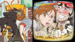  1boy 1girl arcade_game ass bent_over braid brown_hair capcom china_dress chinese_clothes chun-li dress glasses highres loli long_hair outdoors panties ryu_(street_fighter) street_fighter tagme underwear upskirt video_game  rating:Questionable score:17 user:percaxio