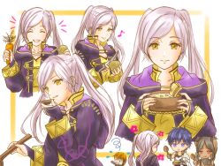  2boys 2girls blue_eyes blue_hair blush breasts brown_eyes chibi chibi_inset chrom_(fire_emblem) cleavage closed_eyes coat collarbone cooking dizzy eyelashes fingerless_gloves fingernails fire_emblem fire_emblem_awakening fire_emblem_heroes from_behind gloves hair_between_eyes hand_up hands_up happy highres hood hooded_coat intelligent_systems long_hair long_sleeves looking_at_viewer matching_hair/eyes multiple_boys multiple_girls multiple_views musical_note neck nintendo open_mouth parted_bangs robin_(female)_(fire_emblem) robin_(fire_emblem) short_hair sidelocks smile toned toned_male twintails upper_body white_hair 