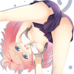 1girl ass blue_eyes blush breasts clenched_hand crop_top from_below large_breasts long_hair midriff open_mouth original pink_hair shirt skirt solo sts tears underboob upshirt rating:Questionable score:20 user:danbooru