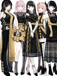  5girls alternate_costume asymmetrical_footwear bag black_dress black_footwear black_hair black_pants blue_eyes boots braid brown_eyes closed_mouth dress elbow_gloves eyepatch fake_horns full_body girls&#039;_frontline gloves green_hair hand_on_own_elbow hand_on_own_hip hei_chuan_gui heterochromia high_heel_boots high_heels highres holding holding_bag horns long_hair looking_at_viewer m16a1_(girls&#039;_frontline) m4_sopmod_ii_(girls&#039;_frontline) m4a1_(girls&#039;_frontline) multicolored_hair multiple_girls open_mouth orange_hair pants parted_lips pink_hair purple_hair red_eyes red_hair ro635_(girls&#039;_frontline) scar scar_across_eye shoes simple_background smile st_ar-15_(girls&#039;_frontline) straight-on streaked_hair textless_version twitter_username two-tone_dress white_background white_hair yellow_dress yellow_eyes yellow_gloves 