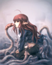  1girl ahoge brown_eyes brown_hair censored cum elf highres hitomaru kneeling long_hair mosaic_censoring open_mouth oral original pantyhose pointy_ears solo tentacles tongue tongue_out torn_clothes torn_pantyhose  rating:Explicit score:198 user:danbooru