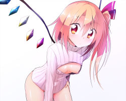 1girl alternate_costume areola_slip bad_id bad_pixiv_id blonde_hair blush bottomless breasts chipa_(arutana) cleavage cleavage_cutout clothing_cutout downblouse flandre_scarlet hair_ribbon leaning_forward looking_at_viewer meme_attire naked_sweater no_panties open-chest_sweater red_eyes ribbed_sweater ribbon side_ponytail simple_background small_breasts solo sweater touhou turtleneck white_background wings rating:Questionable score:53 user:danbooru