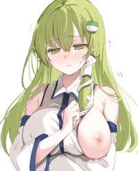  1girl ? averting_eyes bare_shoulders blush breasts closed_mouth commentary covered_erect_nipples detached_sleeves embarrassed flashing green_eyes green_hair highres kochiya_sanae large_breasts long_hair looking_down nipples one_breast_out paragasu_(parags112) simple_background sleeveless solo sweatdrop touhou upper_body webp-to-png_conversion white_background 