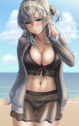 1girl beach bikini black_bikini blue_eyes blue_sky blush breasts cleavage clothes_writing cloud cowboy_shot day gluteal_fold hachimaki hair_between_eyes hand_up headband highres jacket kantai_collection kokuzou large_breasts long_hair looking_at_viewer navel ocean one_side_up open_clothes open_jacket outdoors sand see-through silver_hair sky smile solo stomach suzutsuki_(kancolle) swimsuit unzipped rating:Sensitive score:23 user:danbooru