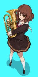  1girl absurdres blue_background blush brown_eyes brown_footwear brown_hair brown_shirt brown_skirt closed_mouth full_body hibike!_euphonium highres holding holding_instrument instrument loafers long_hair looking_at_viewer neckerchief oumae_kumiko ranf red_neckerchief sailor_collar school_uniform serafuku shadow shirt shoes short_hair simple_background skirt smile socks solo standing white_sailor_collar white_socks 