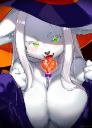  1girl animal_ears between_breasts body_fur breasts candy fangs food furry furry_female green_eyes hat large_breasts lollipop long_hair looking_at_viewer off_shoulder original saliva slit_pupils snout solo suurin_(ksyaro) tongue tongue_out upper_body white_hair witch_hat  rating:Questionable score:15 user:danbooru
