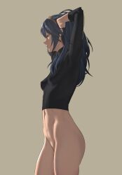  1girl blue_eyes blue_hair bottomless breasts cleft_of_venus covered_erect_nipples fire_emblem fire_emblem_awakening hair_between_eyes highres long_hair long_sleeves lucina_(fire_emblem) navel nintendo pomelomelon pussy simple_background skinny small_breasts solo thighs tiara 