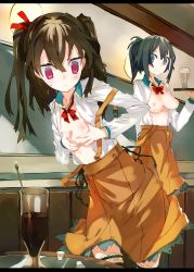  2girls bad_id bad_pixiv_id black_hair blue_eyes breasts breasts_out brown_hair female_focus flat_chest highres inverted_nipples karei_(hirameme) lactation multiple_girls nipples open_clothes open_shirt original ponytail red_eyes shirt shouga_(hiramememe) tray twintails waitress 