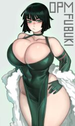  1girl absurdres breasts cleavage closed_mouth coat dress elbow_gloves fubuki_(one-punch_man) fur_coat gloves green_dress green_eyes green_gloves green_hair highres huge_breasts kelvin_hiu looking_at_viewer one-punch_man pelvic_curtain short_hair solo white_coat wide_hips  rating:Sensitive score:55 user:danbooru
