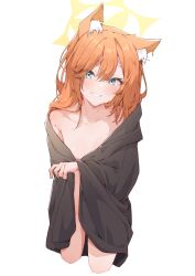  1girl absurdres airenif animal_ear_fluff animal_ears blue_archive blue_eyes blush collarbone convenient_censoring flat_chest grin hair_between_eyes halo highres long_hair looking_at_viewer mari_(blue_archive) naked_towel orange_hair smile solo standing teeth towel wet yellow_halo 
