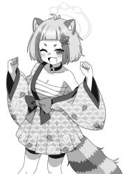  1girl animal_ears arata_(blue_archive) bike_shorts blue_archive blush breasts chest_sarashi choker cleavage fang feet_out_of_frame greyscale hair_ornament hairclip halo japanese_clothes kimono long_sleeves medium_breasts monochrome one_eye_closed onkn_sxkn open_mouth raccoon_ears raccoon_tail sarashi short_hair skin_fang smile solo tail wide_sleeves x_hair_ornament 