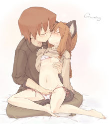  1boy 1girl 7010 age_difference animal_ears barefoot bed blush bra braid breasts brown_hair cat_ears cat_tail clothes_lift couple duplicate feet fingering flat_chest groping hand_in_panties hetero kiss legs lingerie loli long_sleeves nipples original panties shirt_lift side-tie_panties simple_background sitting sitting_on_person sleeves_past_wrists small_breasts sweat tail tail_wrap underwear white_background  rating:Explicit score:419 user:danbooru