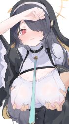  1girl 1other ? black_choker black_hair blue_archive blush breasts choker coif commission covered_erect_nipples flying_sweatdrops grabbing grabbing_another&#039;s_breast grabbing_from_behind habit hair_over_one_eye halo highres hinata_(blue_archive) large_breasts long_hair looking_at_viewer mikozin nun open_mouth red_eyes simple_background skeb_commission spoken_question_mark upper_body variant_set white_background wide_sleeves yellow_halo 