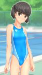  1girl absurdres arena_(company) bare_shoulders black_eyes black_hair cameltoe collarbone cowboy_shot highres looking_at_viewer one-piece_swimsuit original pool poolside short_hair solo standing swimsuit takafumi thigh_gap thighs twintails  rating:Sensitive score:10 user:Tanarus