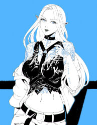  arm_tattoo artist_name belt blue_background blue_eyes breasts chest_tattoo choker elezen elf final_fantasy final_fantasy_xiv grey_lips hand_tattoo highres jacket koyorin large_breasts lip_piercing lips long_hair looking_at_viewer midriff monochrome neck_tattoo off_shoulder open_clothes open_jacket pants piercing pointy_ears punk solo tank_top tattoo torn_clothes torn_pants white_hair ysayle_dangoulain 