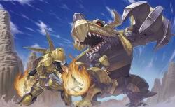  digimon digimon_(creature) digimon_xros_wars fighting highres horns looking_at_another omegashoutmon open_mouth red_eyes sharp_teeth teeth zekegreymon  rating:General score:0 user:Chaos11