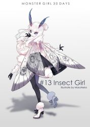  1girl bug extra_arms female_focus fluffy full_body bug looking_at_viewer maruneko monster_girl moth simple_background solo white_hair wings  rating:Sensitive score:12 user:wanna