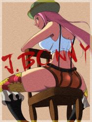 1girl afroninja ass boots breasts chair character_name female_focus hat jewelry_bonney legs midriff one_piece patterned_legwear pink_hair sitting smirk solo spike07 suspenders thighhighs thighs