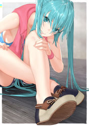  1girl aqua_eyes aqua_hair bare_legs bare_shoulders blurry blurry_background border crossed_ankles eyelashes fingernails hair_flowing_over hair_over_eyes hand_on_own_knee hands_on_own_legs hatsune_miku highres kazakami_yuu knees_up leaning_forward lipstick long_hair looking_at_viewer makeup on_floor outside_border ribbon-trimmed_shorts ribbon_trim running_bond shoe_soles shoes shorts sidelocks sitting sleeveless smile solo twintails very_long_hair vest vocaloid white_border wooden_floor wristband 