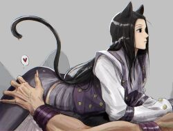  2boys animal_ears armlet ass black_hair bracelet cat_boy cat_ears cat_tail fingernails from_side grey_background grey_pants hand_on_another&#039;s_thigh highres hisoka_morow hunter_x_hunter illumi_zoldyck jewelry kemonomimi_mode long_fingernails long_hair long_sleeves looking_ahead lying lying_on_person male_focus multiple_boys on_back on_stomach out_of_frame pants profile purple_vest sharp_fingernails shirt solo_focus tail tail_raised thuy_nguu056 tight_clothes tight_pants veins vest white_shirt yaoi 