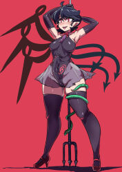  1girl adapted_costume ahoge asymmetrical_wings black_dress black_gloves black_hair black_thighhighs blue_wings blush breasts commentary_request dress elbow_gloves enajii full_body gloves high_heels highres houjuu_nue large_breasts looking_at_viewer pointy_ears polearm red_background red_eyes red_footwear red_wings short_hair simple_background solo standing thighhighs tongue tongue_out touhou trident weapon wings 