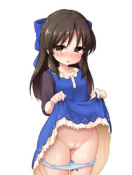 1girl blue_bow blue_dress blue_panties blush border bow bow_panties brown_eyes brown_shirt cleft_of_venus clothes_lift collarbone cowboy_shot dress dress_lift fat_mons female_focus groin hair_bow highres idolmaster idolmaster_cinderella_girls lifting_own_clothes loli long_hair looking_at_viewer musouzuki nose_blush panties panty_pull parted_lips pussy pussy_juice pussy_juice_trail shirt signature simple_background sleeveless sleeveless_dress solo standing tachibana_arisu uncensored underwear upper_body white_background rating:Explicit score:380 user:danbooru