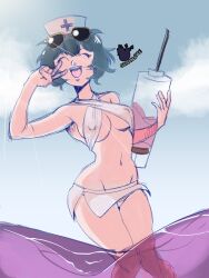  1girl alternate_costume bare_shoulders bikini black_clover black_hair breasts closed_eyes cloud cloudy_sky curvy female_focus hat highres medium_breasts midriff navel ocean sally_(black_clover) sky smile solo sunglasses swimsuit syringe thick_thighs thighs v 