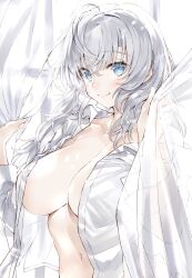 1girl ahoge blue_eyes blush bottomless breasts cleavage closed_mouth curtain_grab curtains grey_hair hair_between_eyes highres kou_mashiro large_breasts lips long_hair long_sleeves looking_at_viewer mole mole_on_breast naked_shirt navel no_bra open_clothes open_shirt original page_number see-through shirt simple_background smile solo standing stomach white_shirt window