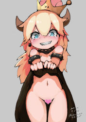  1girl blonde_hair blue_eyes bowsette censored clothes_lift dress dress_lift flat_chest haryu_moe heart heart_censor highres loli looking_at_viewer mario_(series) naughty_face navel new_super_mario_bros._u_deluxe nintendo no_panties pointless_censoring sharp_teeth skirt skirt_lift smile solo teeth  rating:Questionable score:125 user:Perv-Ultra